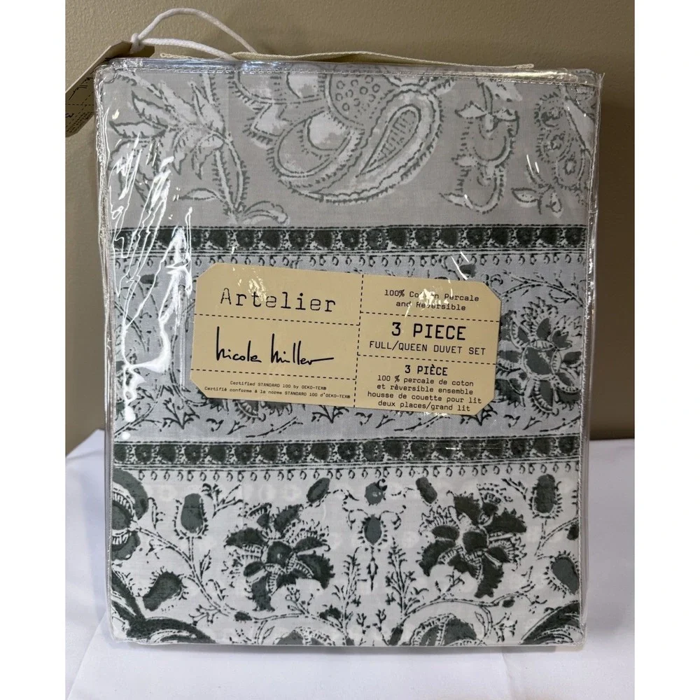 3pc Nicole Miller Artelier Blue FULL QUEEN Reversible Floral Duvet Cover Paisley